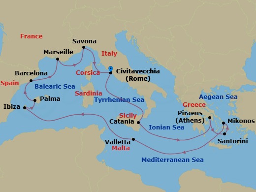 14 Night - Western Mediterranean Roundtrip from Rome (Civitavecchia) - Costa Serena - Starting in Civitavecchia (Rome), Catania, Piraeus (Athens), Thira (Santorini), Mykonos, Malta / La Valletta, Ibiza, Palma De Mallorca, Barcelona, Marseille, Savona, Civitavecchia (Rome) itinerary map