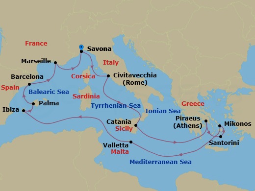 14 Night - Mediterranean Roundtrip from Savona - Costa Serena - Starting in Savona, Civitavecchia (Rome), Catania, Piraeus (Athens), Thira (Santorini), Mykonos, Malta / La Valletta, Ibiza, Palma De Mallorca, Barcelona, Marseille, Savona itinerary map