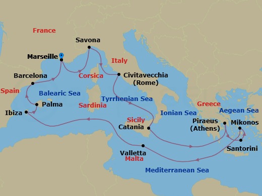 14 Night - Western Mediterranean Roundtrip from Marseille - Costa Serena - Starting in Marseille, Savona, Civitavecchia (Rome), Catania, Piraeus (Athens), Thira (Santorini), Mykonos, Malta / La Valletta, Ibiza, Palma De Mallorca, Barcelona, Marseille itinerary map