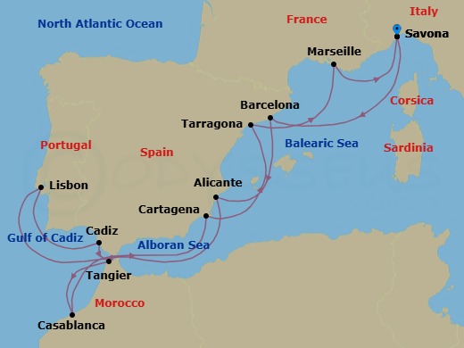 12 Night - Mediterranean Roundtrip from Savona - Costa Serena - Starting in Savona, Barcelona, Alicante, Lisbon, Cadiz, Tangier, Casablanca, Cartagena ES, Tarragona, Marseille, Savona itinerary map