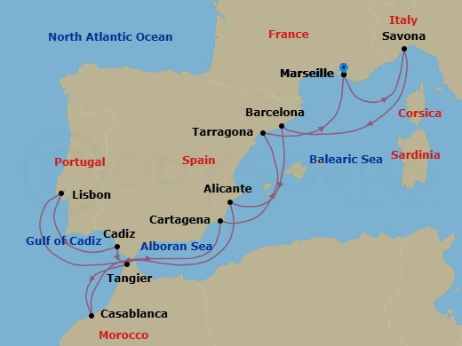 12 Night - Western Mediterranean Roundtrip from Marseille - Costa Serena - Starting in Marseille, Savona, Barcelona, Alicante, Lisbon, Cadiz, Tangier, Casablanca, Cartagena ES, Tarragona, Marseille itinerary map