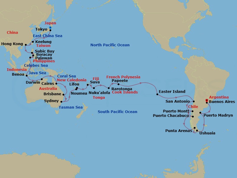 65 Night - Round World from Tokyo - Costa Serena - Starting in Tokyo, Keelung (Taipei), Hong Kong, Subic Bay, Boracay, Puerto Princesa (Palawan), Benoa (Bali), Darwin, Cairns, Brisbane, Sydney AU, Noumea, Lifou (Loyalty Islands), Suva, Nukualofa, Rarotonga, Papeete (Tahiti), Pitcairn Islands, Easter Island, San Antonio CL (Santiago), Puerto Montt, Puerto Chacabuco, Punta Arenas, Ushuaia (Tierra del Fuego), Puerto Madryn (Patagonia), Buenos Aires itinerary map