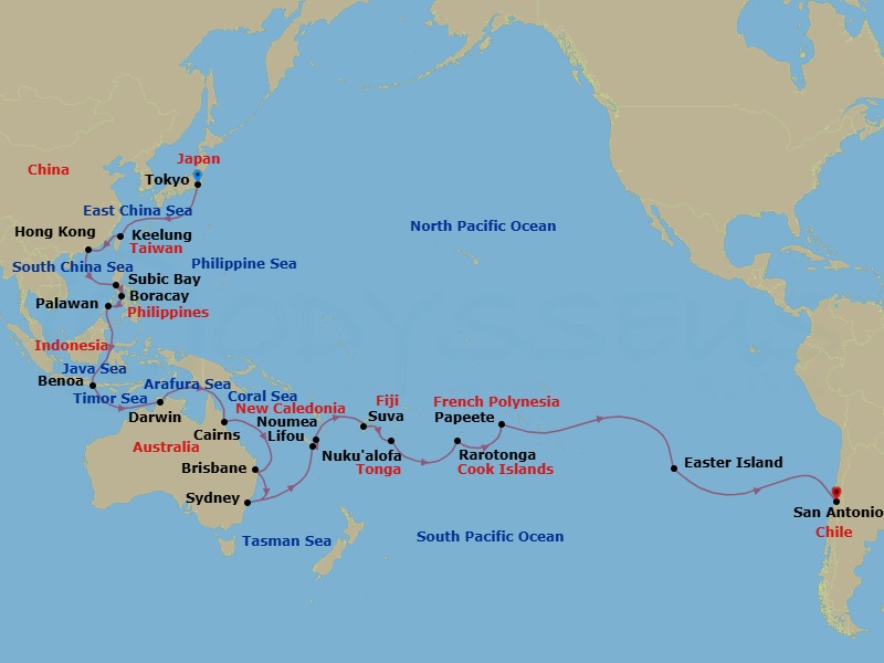 51 Night - Round World from Tokyo - Costa Serena - Starting in Tokyo, Keelung (Taipei), Hong Kong, Subic Bay, Boracay, Puerto Princesa (Palawan), Benoa (Bali), Darwin, Cairns, Brisbane, Sydney AU, Noumea, Lifou (Loyalty Islands), Suva, Nukualofa, Rarotonga, Papeete (Tahiti), Pitcairn Islands, Easter Island, San Antonio CL (Santiago) itinerary map
