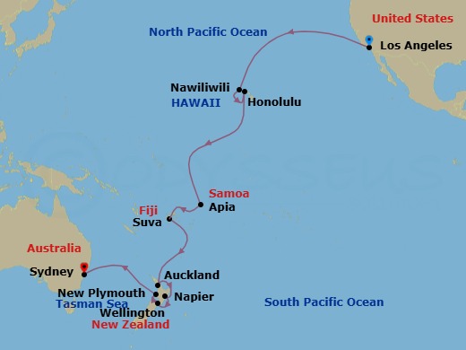 26 Night - World Cruise Segment - Hawaii & South Pacific Crossing - Coral Princess - Starting in Los Angeles, California, Kauai (Nawiliwili), Hawaii, Honolulu, Hawaii, Cross International Date Line, Apia, Western Samoa, Suva, Fiji, Auckland, New Zealand, Napier, New Zealand, Wellington, New Zealand, New Plymouth, New Zealand itinerary map