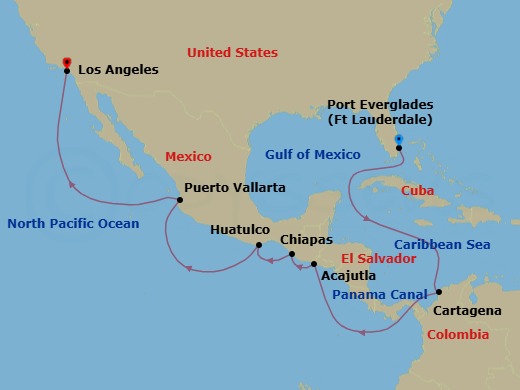 15 Night - World Cruise Segment - Panama Canal - Coral Princess - Starting in Fort Lauderdale, Florida, Cartagena CO, Panama Canal Full Transit Historic Locks, Acajutla, El Salvador, Puerto Chiapas, Mexico, Huatulco, Mexico, Puerto Vallarta, Mexico, Los Angeles, California itinerary map