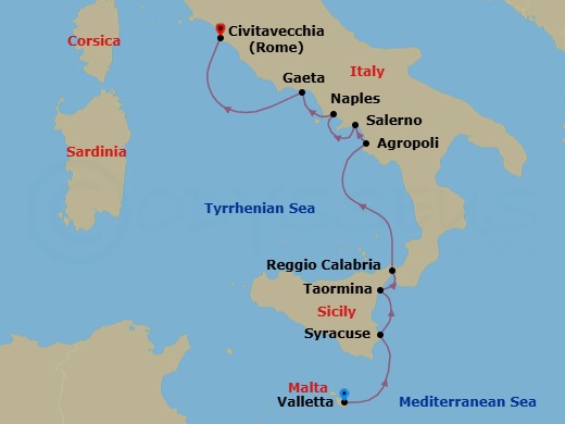 8 Night - Ancient Wonders and Culinary Delights : Cruising Southern Italy and Sicily - with Smithsonian Journeys - Le Dumont-d'Urville - Starting in Valletta, Syracuse IT, Sicily, Taormina, Sicily, Reggio di Calabria, Agropoli, Salerno, Naples, Gaeta, Civitavecchia (Rome) itinerary map