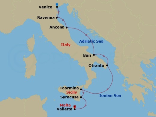 8 Night - Sailing the Adriatic : Treasures of Eastern Italy and Sicily - with Smithsonian Journeys - Le Dumont-d'Urville - Starting in Venice, Ravenna, Ancona, Bari, Otranto, Taormina, Sicily, Syracuse IT, Sicily, Valletta itinerary map