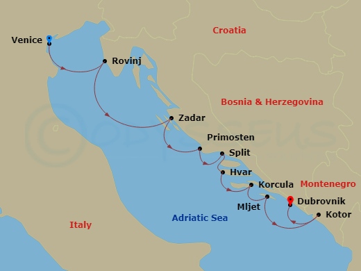 7 Night - Croatia's Dalmatian Coast by Sea - with Smithsonian Journeys - Le Dumont-d'Urville - Starting in Venice, Rovinj, Zadar, Primosten, Split, Hvar, Korcula, Mljet, Kotor, Dubrovnik, Croatia itinerary map