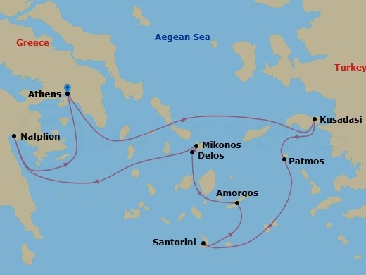 7 Night - Cruising the Greek Islands of the Southern Aegean - with Smithsonian Journey - Le Champlain - Starting in Athens, Kusadasi, Patmos, Santorini, Amorgos, Delos, Mykonos, Nafplion, Athens itinerary map