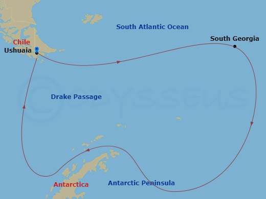 17 Night - South Georgia and Antarctic Peninsula : Penguin Safari - Ocean Explorer Tours - Starting in Arrive in Ushuaia, Embarkation in Ushuaia, South Georgia, Antarctic Peninsula, Crossing the Drake Passage, Disembark in Ushuaia itinerary map