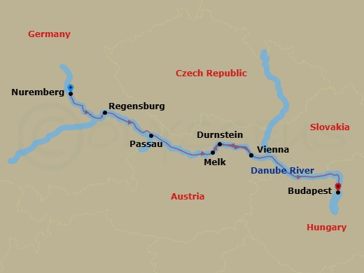 7 Night - Legendary Danube - AmaSonata - Starting in Nuremberg, Regensburg, Passau, Vienna, Melk, Durnstein, Scenic Cruising, Vienna, Budapest itinerary map