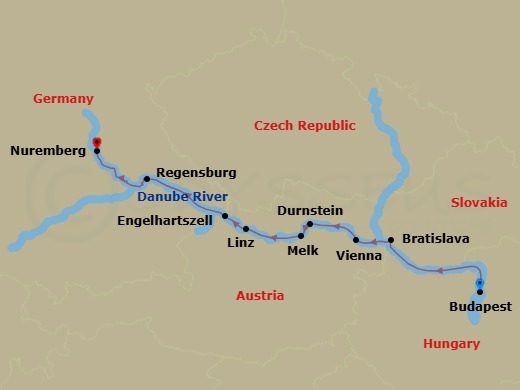 7 Night - Blue Danube Discovery - AmaSonata - Starting in Budapest, Bratislava, Vienna, Durnstein, Scenic Cruising, Melk, Linz, Engelhartszell, Regensburg, Nuremberg itinerary map