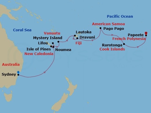 18 Night - Tropical Shore Tapestry - Seven Seas Explorer - Starting in Sydney AU, Cruising the Coral Sea, Isle of Pines, Noumea, Lifou Island, Mystery Island, Cruising the South Pacific, Lautoka, Dravuni, Cruising the South Pacific, Crossing the International Date Line, Pago Pago, Cruising the South Pacific, Rarotonga, Cruising the South Pacific, Papeete (Tahiti) itinerary map
