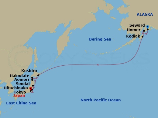 14 Night - Transoceanic - Crystal Symphony - Starting in Seward, Homer, Kodiak Island, Alaska, Date Line lose a day, Kushiro, Hakodate (Hokkaido), Aomori, Sendai, Hitachinaka itinerary map
