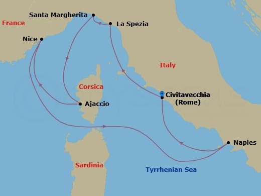 7 Night - Best of Italy & French Riviera - Celebrity Constellation - Starting in Rome (Civitavecchia), Italy, Florence / Pisa (La Spezia), Italy, Santa Margherita, Italy, Ajaccio, Corsica, France, Nice (Villefranche), France, Naples, Italy, Rome (Civitavecchia), Italy itinerary map