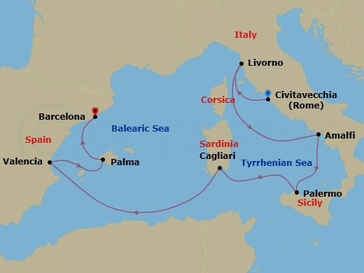 9 Night - Best of Italy & Spain Cruise - Celebrity Constellation - Starting in Rome (Civitavecchia), Italy, Florence / Pisa (Livorno), Italy, Amalfi Coast (Salerno), Italy, Sicily (Palermo), Italy, Cagliari, Sardinia, Italy, Valencia, Spain, Palma De Mallorca, Spain, Barcelona, Spain itinerary map