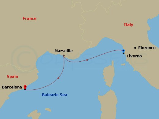 2 Night - Mediterranean - MSC Meraviglia - Starting in Livorno (Florence), Italy, Marseille (Provence), France, Barcelona, Spain itinerary map
