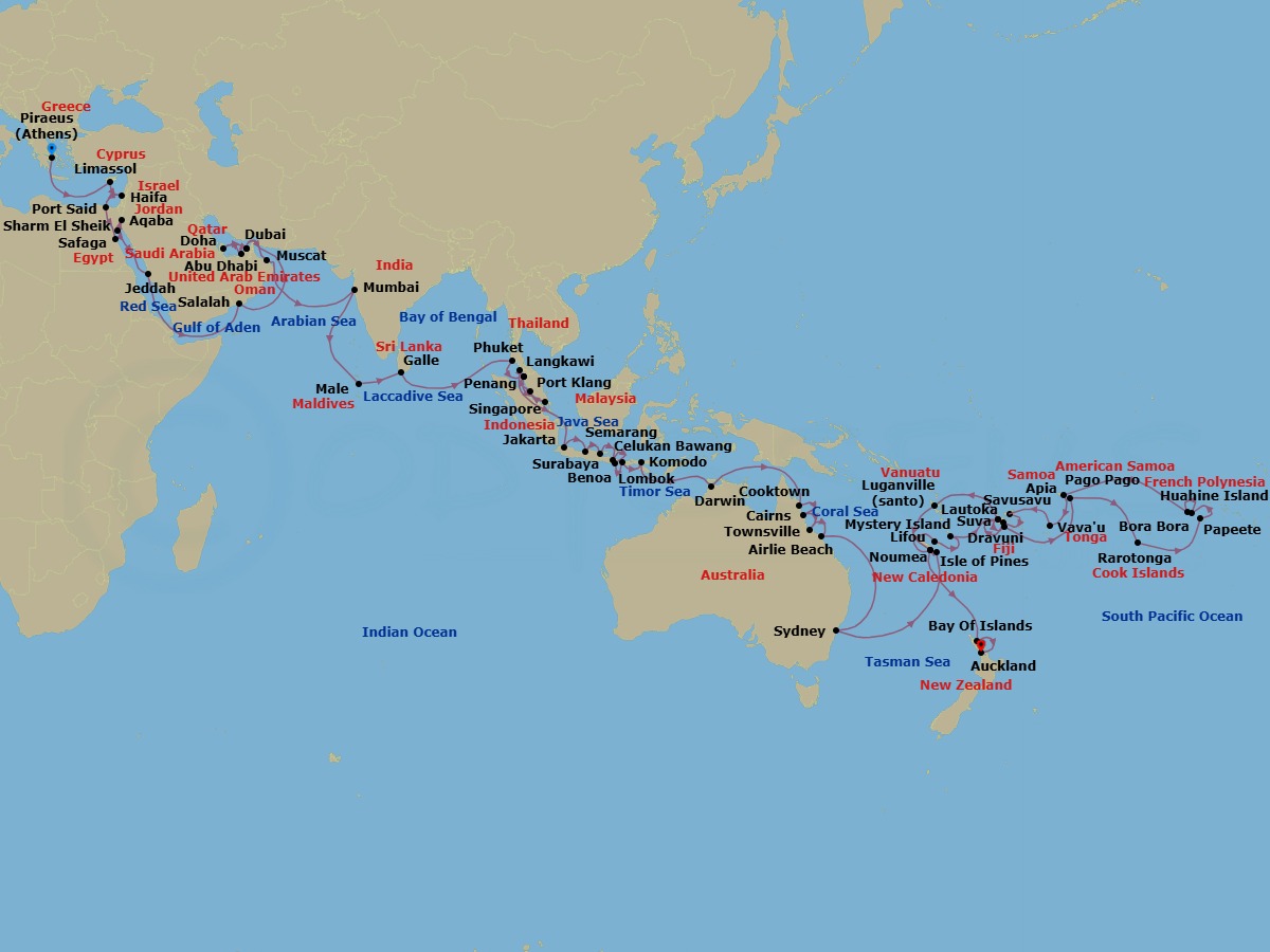 101 Night - Grand Hemispheres Journey - Seven Seas Explorer - Starting in Athens (Piraeus), Cruising the Aegean Sea, Limassol, Jerusalem (Haifa), Port Said (Technical Call), Suez Canal (Transit), Luxor (Safaga), Sharm El-Sheikh, Aqaba, Cruising the Red Sea, Jeddah, Cruising the Red Sea, Cruising the Gulf of Aden, Salalah, Cruising the Arabian Sea, Cruising the Gulf of Oman, Dubai, Abu Dhabi, Doha, Dubai, Muscat, Cruising the Gulf of Oman, Cruising the Arabian Sea, Mumbai (Bombay), Cruising the Arabian Sea, Cruising the Laccadive Sea, Male, Cruising the Laccadive Sea, Galle, Cruising the Bay of Bengal, Cruising the Andaman Sea, Phuket, Penang, Cruising the Malacca Strait, Singapore, Kuala Lumpur (Port Klang), Langkawi, Penang, Cruising the Malacca Strait, Cruising the Java Sea, Jakarta, Semarang (Java), Surabaya, Celukan Bawang (Bali), Bali (Benoa), Lombok (Lembar), Komodo, Cruising the Timor Sea, Darwin, Cruising the Arafura Sea, Cruising the Coral Sea, Cooktown, Cairns, Townsville, Airlie Beach, Cruising the Coral Sea, Cruising the Tasman Sea, Sydney AU, Cruising the Coral Sea, Isle of Pines, Noumea, Lifou Island, Mystery Island, Cruising the South Pacific, Lautoka, Dravuni, Cruising the South Pacific, Crossing the International Date Line, Pago Pago, Cruising the South Pacific, Rarotonga, Cruising the South Pacific, Papeete (Tahiti), Huahine, Bora Bora, Cruising the South Pacific, Cross the International Date Line, Cruising the South Pacific, Apia, Cruising the South Pacific, Vavau (Neiafu), Cruising the South Pacific, Savusavu, Suva, Lautoka, Cruising the South Pacific, Luganville, Cruising the South Pacific, Noumea, Cruising the South Pacific, Bay of Islands, Auckland itinerary map