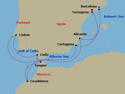 9 Night - Europe from Barcelona to Valencia - Costa Serena - Starting in Barcelona, Alicante, Lisbon, Cadiz, Tangier, Casablanca, Cartagena ES, Tarragona itinerary map