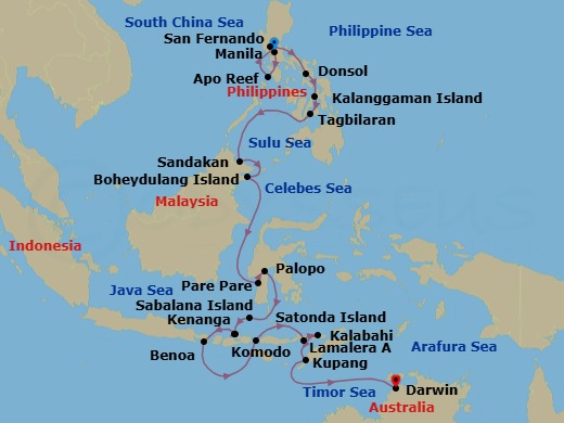 21 Night - Manila to Darwin - Silver Cloud - Starting in Manila, Apo Reef, San Fernando, Sibuyan Island, Donsol, Kalanggaman private island, Bohol (Tagbilaran), Sandakan (Sabah), Kinabatangan River, Boheydulang Island, ParePare, Palopo / Sulawesi (Gateway for Tana Toraja), Sabalana Island, Pulau Satonda, Kenanga Village, Benoa, Bali, Komodo Island, Lamalera Village, Lomblem Island, Kalabahi (for Takpala), Kupang, Darwin itinerary map