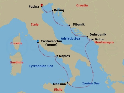 8 Night - Dalmatian Rhapsody - Seven Seas Grandeur - Starting in Rome (Civitavecchia), Naples / Pompeii, Messina (Sicily), Cruising the Ionian Sea, Kotor, Dubrovnik, Croatia, Sibenik, Rovinj, Venice (Fusina) itinerary map
