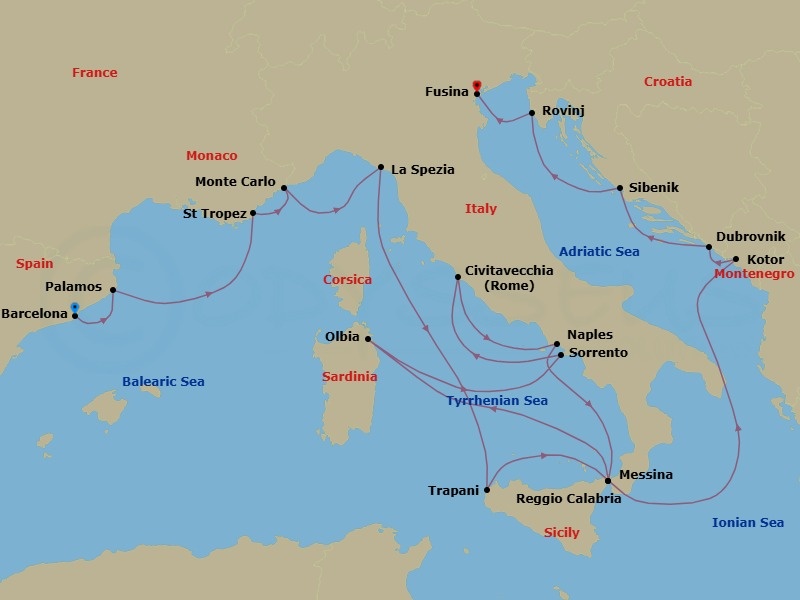18 Night - Italia in Full - Seven Seas Grandeur - Starting in Barcelona, Palamos, Saint-Tropez, Monte Carlo, La Spezia (Cinque Terre), Cruising the Tyrrhenian Sea, Trapani (Sicily), Reggio Calabria, Olbia (Sardinia), Sorrento / Capri, Rome (Civitavecchia), Naples / Pompeii, Messina (Sicily), Cruising the Ionian Sea, Kotor, Dubrovnik, Croatia, Sibenik, Rovinj, Venice (Fusina) itinerary map