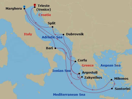 14 Night - Eastern Mediterranean from Marghera - Costa Deliziosa - Starting in Marghera (Venice), Bari, Thira (Santorini), Mykonos, Argostoli (Cephalonia), Marghera (Venice), Bari, Corfu, Zakynthos, Argostoli (Cephalonia), Dubrovnik, Croatia, Split, Trieste itinerary map