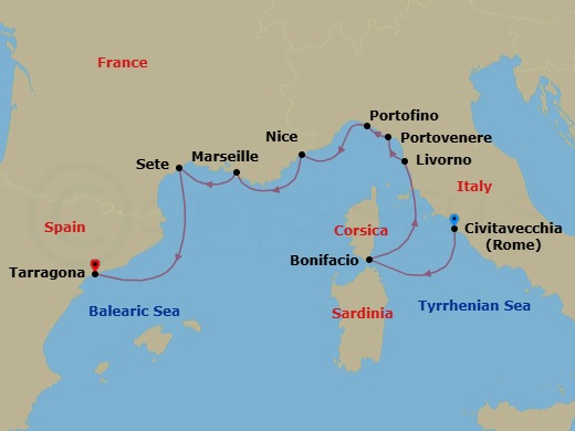 8 Night - Southern France and the Italian Riviera by Sea - with Smithsonian Journeys - Le Dumont-d'Urville - Starting in Civitavecchia (Rome), Bonifacio, Corsica, Livorno, Porto Venere, Portofino, Nice, Marseille, Sete, Tarragona itinerary map