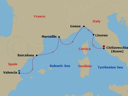 5 Night - Mediterranean - MSC Sinfonia - Starting in Valencia, Spain, Barcelona, Spain, Marseille (Provence), France, Genoa (Portofino), Italy, Livorno (Florence), Italy, Civitavecchia (Rome), Italy itinerary map