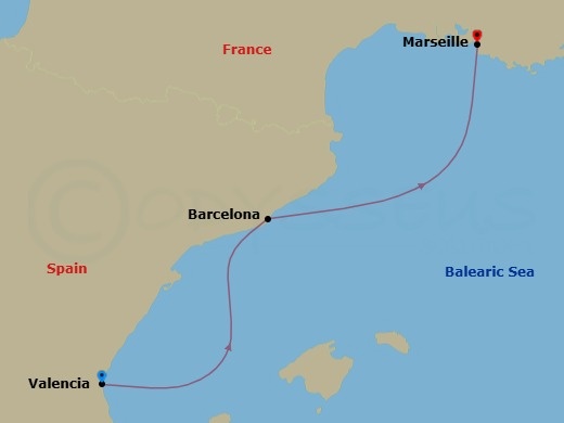 2 Night - Mediterranean - MSC Sinfonia - Starting in Valencia, Spain, Barcelona, Spain, Marseille (Provence), France itinerary map