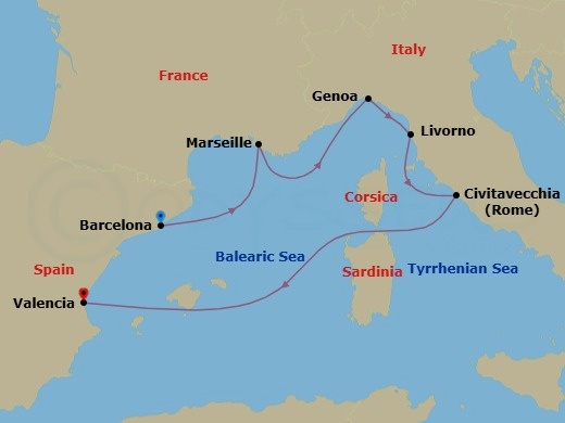 6 Night - Mediterranean - MSC Sinfonia - Starting in Barcelona, Spain, Marseille (Provence), France, Genoa (Portofino), Italy, Livorno (Florence), Italy, Civitavecchia (Rome), Italy, Valencia, Spain itinerary map