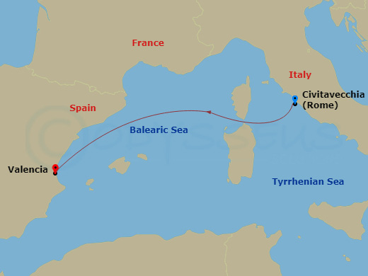 2 Night - Mediterranean - MSC Sinfonia - Starting in Civitavecchia (Rome), Italy, Valencia, Spain itinerary map