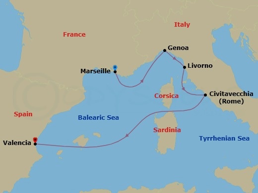 5 Night - Mediterranean - MSC Sinfonia - Starting in Marseille (Provence), France, Genoa (Portofino), Italy, Livorno (Florence), Italy, Civitavecchia (Rome), Italy, Valencia, Spain itinerary map