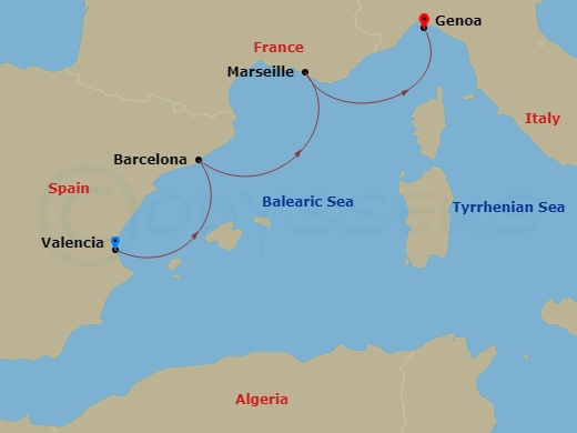 3 Night - Mediterranean - MSC Sinfonia - Starting in Valencia, Spain, Barcelona, Spain, Marseille (Provence), France, Genoa (Portofino), Italy itinerary map