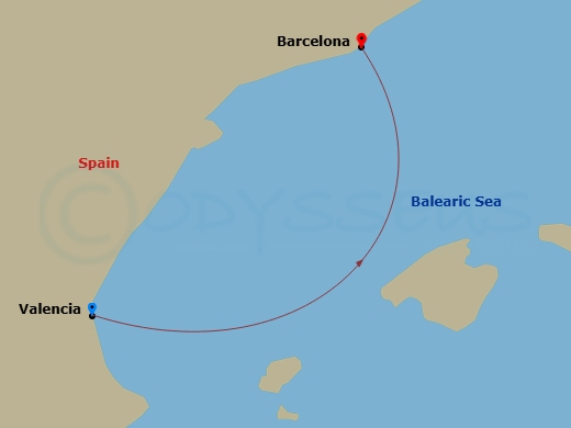 1 Night - Mediterranean - MSC Sinfonia - Starting in Valencia, Spain, Barcelona, Spain itinerary map