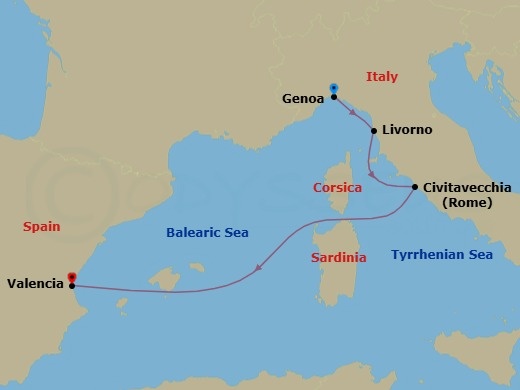 4 Night - Mediterranean - MSC Sinfonia - Starting in Genoa (Portofino), Italy, Livorno (Florence), Italy, Civitavecchia (Rome), Italy, Valencia, Spain itinerary map