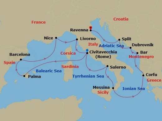 13 Night - Europe - Western Mediterranean - Rome - Norwegian Prima - Starting in Civitavecchia Rome, Italy, Palma Majorca, Spain, Barcelona, Spain, Nice / Monaco (Villefranche), France, Livorno / Florence / Pisa, Italy, Civitavecchia Rome, Italy, Amalfi Coast (Salerno), Italy, Messina, Italy, Corfu, Greece, Montenegro, Dubrovnik, Croatia, Split, Croatia, Venice (Ravenna), Italy itinerary map