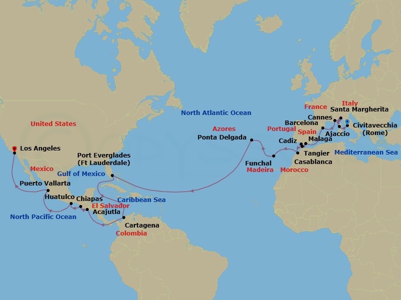 35 Night - World Cruise Liner - Mediterranean & Panama Canal - Coral Princess - Starting in Civitavecchia (for Rome), Italy, Corsica (Ajaccio), France, Santa Margherita, Italy, Cannes (for Monte Carlo), France, Barcelona, Spain, Malaga, Spain, Seville (Cadiz), Spain, Tangier, Morocco, Casablanca, Morocco (for Marrakesh), Madeira (Funchal), Portugal, Azores Islands (Ponta Delgada), Portugal, Fort Lauderdale, Florida, Cartagena CO, Panama Canal Full Transit Historic Locks, Acajutla, El Salvador, Puerto Chiapas, Mexico, Huatulco, Mexico, Puerto Vallarta, Mexico, Los Angeles, California itinerary map