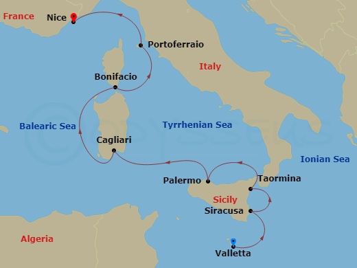 7 Night - Mediterranean Island Voyage : Sicily, Sardinia, Corsica, and Elba - with Smithsonian Journeys - L'Austral - Starting in Valletta, Syracuse IT, Sicily, Taormina, Sicily, Palermo, Sicily, Cagliari, Sardinia, Bonifacio, Corsica, Portoferraio, Elba, Nice itinerary map