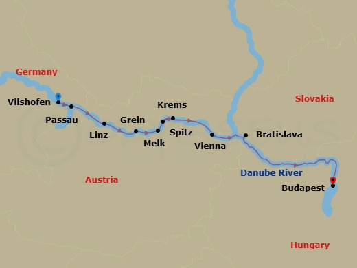 7 Night - Magna On the Danube - AmaRudi - Starting in Vilshofen, Passau, Linz, Grein, Melk, Krems, Spitz, Vienna, Bratislava, Scenic Cruising, Budapest itinerary map