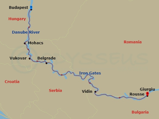 7 Night - Gems of Southeast Europe - AmaBella - Starting in Budapest, Mohacs, Vukovar, Belgrade, Iron Gates, Scenic Cruising, Vidin, Rousse, Giurgiu itinerary map
