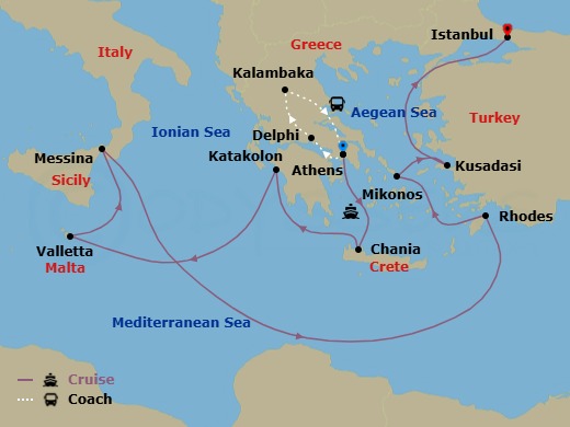 14 Night - Best of Greece - Tour 5I - Enchanted Princess Tours - Starting in Athens (Piraeus), Greece, Delphi, Greece, Kalambaka, Greece, Athens (Piraeus), Greece, Crete (Chania), Greece, Katakolon (for Olympia), Greece, Valletta, Malta, Sicily (Messina), Italy, Rhodes, Greece, Mykonos, Greece, Kusadasi, Turkey (for Ephesus), Istanbul, Turkey itinerary map