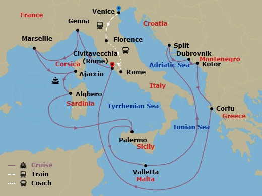 20 Night - Classic Italy - Tour 4I - Enchanted Princess Tours - Starting in Venice, Italy, Florence, Italy, Rome, Italy, Civitavecchia (for Rome), Italy, Genoa (for Cinque Terre), Italy, Marseille (Provence), France, Corsica (Ajaccio), France, Sardinia (Alghero), Italy, Sicily (Palermo), Italy, Valletta, Malta, Split, Croatia, Dubrovnik, Croatia, Kotor, Montenegro, Corfu, Greece, Civitavecchia (for Rome), Italy itinerary map