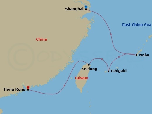 8 Night - China, Japan & Taiwan Cruise : Shanghai, Okinawa & Taipei - Azamara Pursuit - Starting in Shanghai, Naha, Okinawa, Ishigaki, Taipei (Keelung), Hong Kong itinerary map