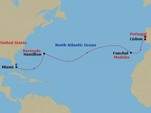 15 Night - Miami to Lisbon - Silver Dawn - Starting in Miami, Fl, Hamilton, Funchal, Madeira, Lisbon itinerary map