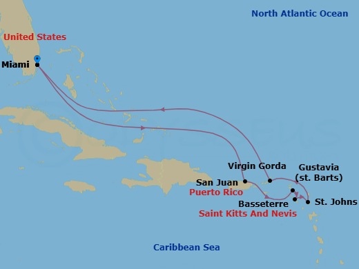 10 Night - Miami to Miami - Silver Dawn - Starting in Miami, Fl, San Juan, Gustavia, St Barthelemy, St Kitts (Basseterre), St Johns, Spanish Town, Miami, Fl itinerary map