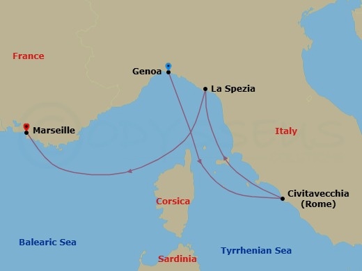 3 Night - Msc Grand Voyages - MSC World Europa - Starting in Genoa (Portofino), Italy, Civitavecchia (Rome), Italy, La Spezia (Cinque Terre), Italy, Marseille (Provence), France itinerary map