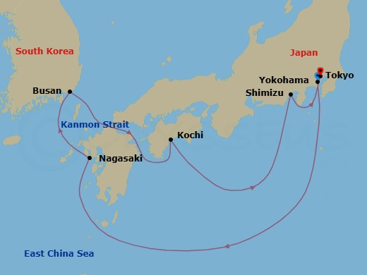 7 Night - Japan Explorer - Diamond Princess - Starting in Tokyo (Yokohama), Japan, Nagasaki, Japan, Busan, South Korea, Kanmon Straits, Japan, Kochi, Japan, Shimizu (for Mount Fuji), Japan, Tokyo, Japan itinerary map