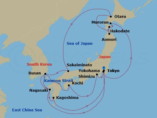 19 Night - Grand Japan Cherry Blossoms - Diamond Princess - Starting in Tokyo, Japan, Muroran, Japan, Hakodate, Japan, Aomori, Japan, Otaru, Japan, Sakaiminato, Japan, Busan, South Korea, Nagasaki, Japan, Kagoshima, Japan, Tokyo (Yokohama), Japan, Nagasaki, Japan, Busan, South Korea, Kanmon Straits, Japan, Kochi, Japan, Shimizu (for Mount Fuji), Japan, Tokyo, Japan itinerary map