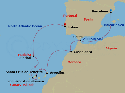 12 Night - A Journey of Atlantic Light & Volcanic Shores - EXPLORA II - Starting in Barcelona, Ceuta, Casablanca, Arrecife (Lanzarote), Santa Cruz de Tenerife, San Sebastian De La Gomera, Funchal (Madeira), Lisbon itinerary map